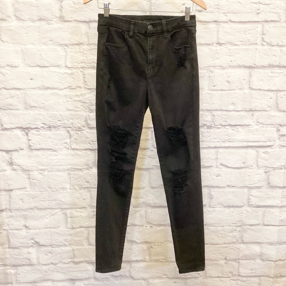 American Eagle 6 Long Curvy High Rise Jeggings Women’s Black Jeans Distressed